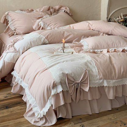 French Retro Romantic Cotton And Linen Blend Four-Piece Lace Trim Bow Bed Set - Harmony Gallery