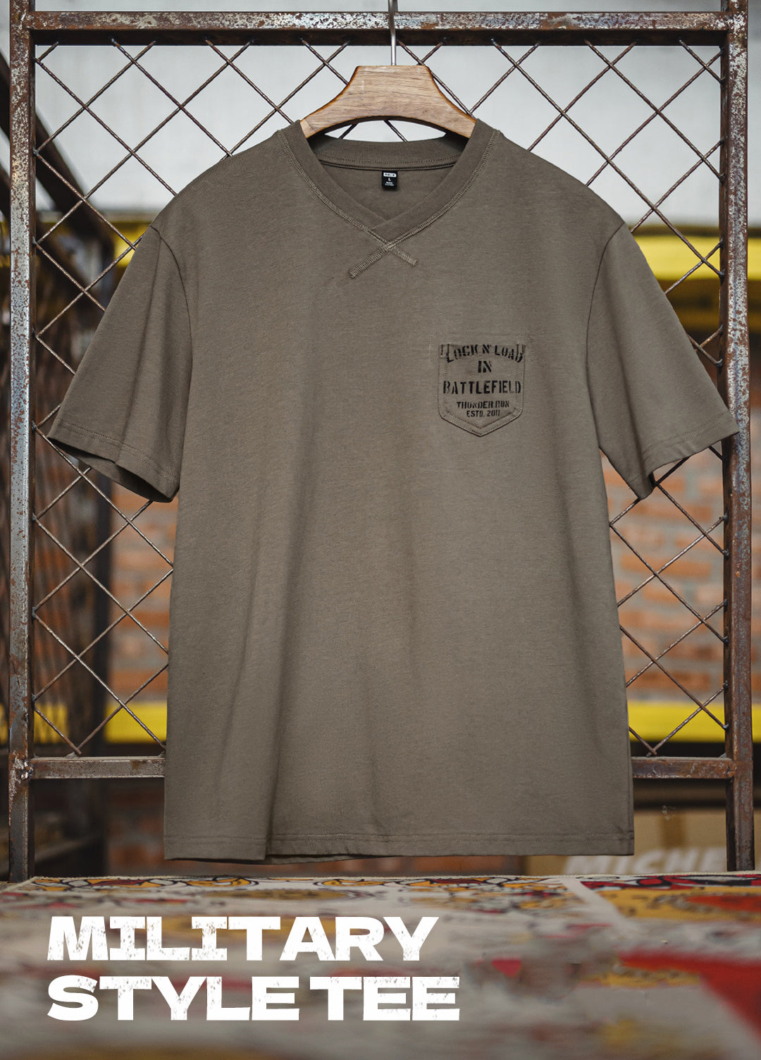 American Retro Military Pocket Ribbed Collar Physical Training Men's T-Shirt - Harmony Gallery