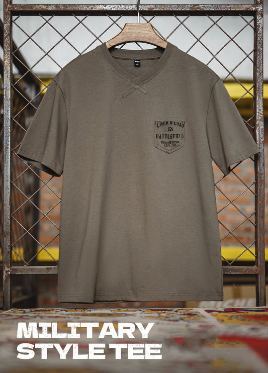 American Retro Military Pocket Ribbed Collar Physical Training Men's T-Shirt - Harmony Gallery