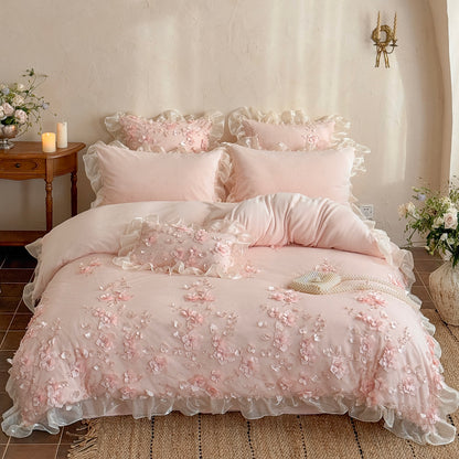 French Romantic Girly Four-Piece Thickened Coral Fleece Warm Bed Set - Harmony Gallery