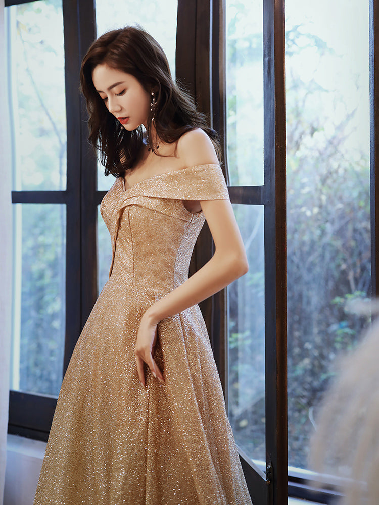 Elegant Off-Shoulder Gold Glitter Evening Gown - Harmony Gallery