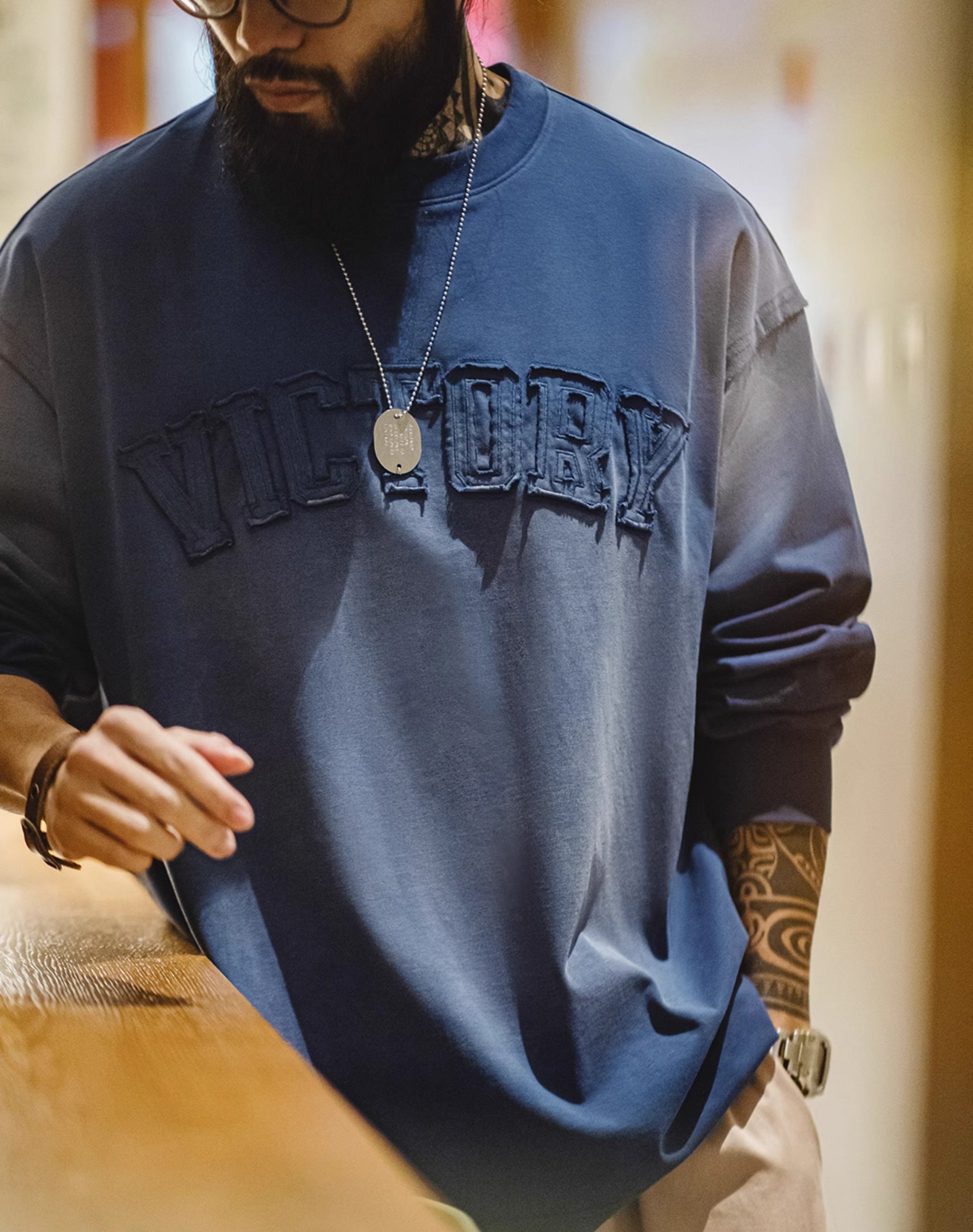 American Retro Letter Patch Gradient Color Washed Men's Sweater - Harmony Gallery