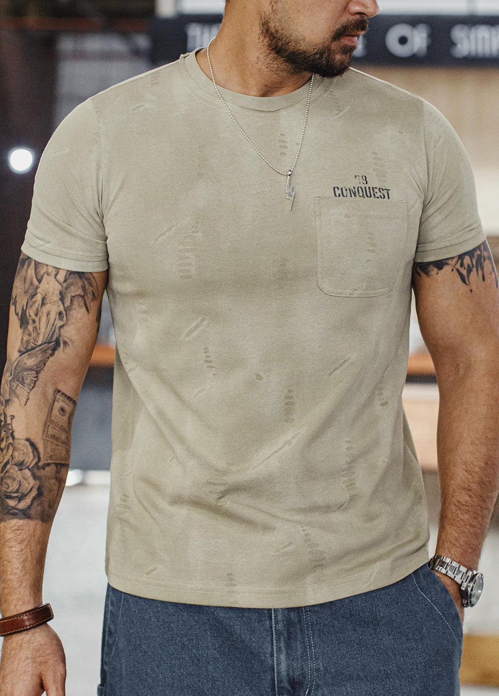 American Retro Distressed Printed Knitted Shoulders Thin Men's T-Shirt