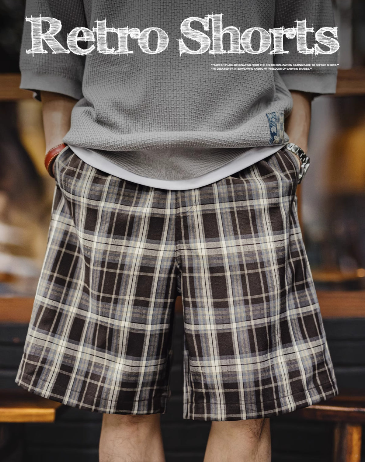 American Retro Scottish Plaid Straight Loose Drawstring Thin Men's Shorts - Harmony Gallery