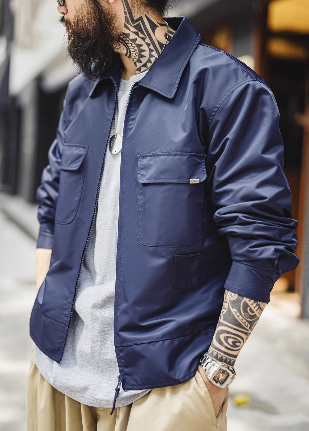 American Retro Navy Blue Embroidered Letter Wear Outside Men's Jacket - Harmony Gallery