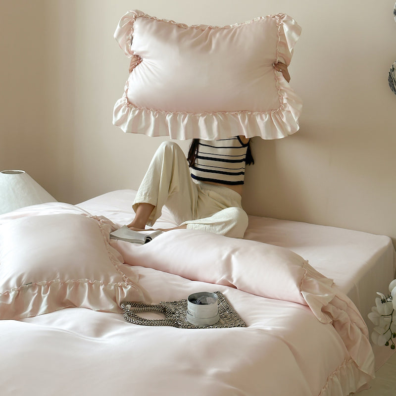 French Lotus Leaf Lace Four-Piece Ice Silky Nude Sleeping Bed Set - Harmony Gallery