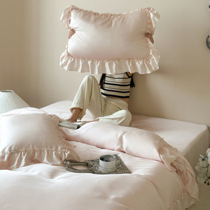 French Lotus Leaf Lace Four-Piece Ice Silky Nude Sleeping Bed Set - Harmony Gallery