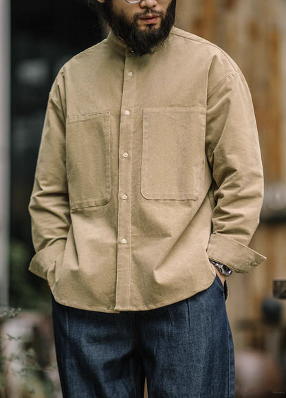 American Retro Workwear Corduroy Collarless Loose Men's Shirt - Harmony Gallery