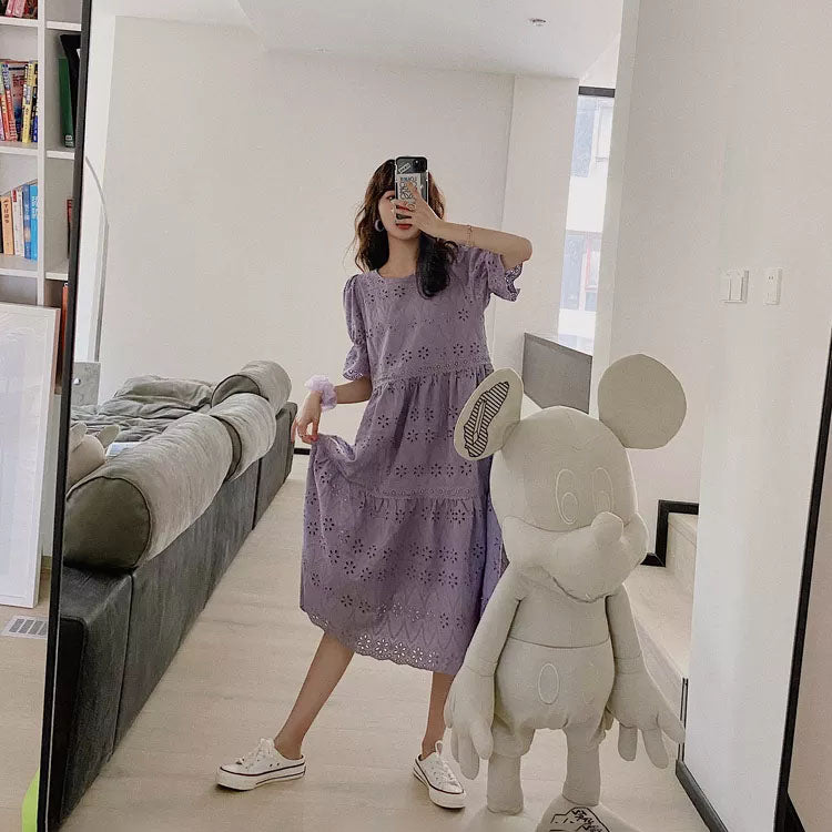 French Lavender Purple Sweet Puff Loose Women's Dress - Harmony Gallery