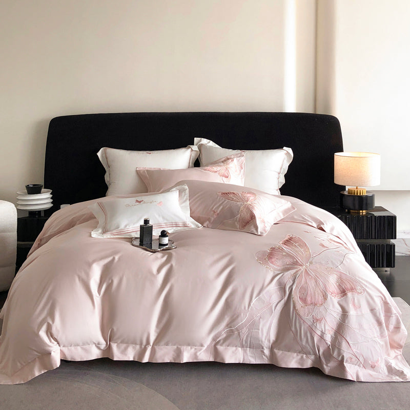 Light Luxury Cotton Exquisite Butterfly Embroidered Four-Piece Bed Set - Harmony Gallery