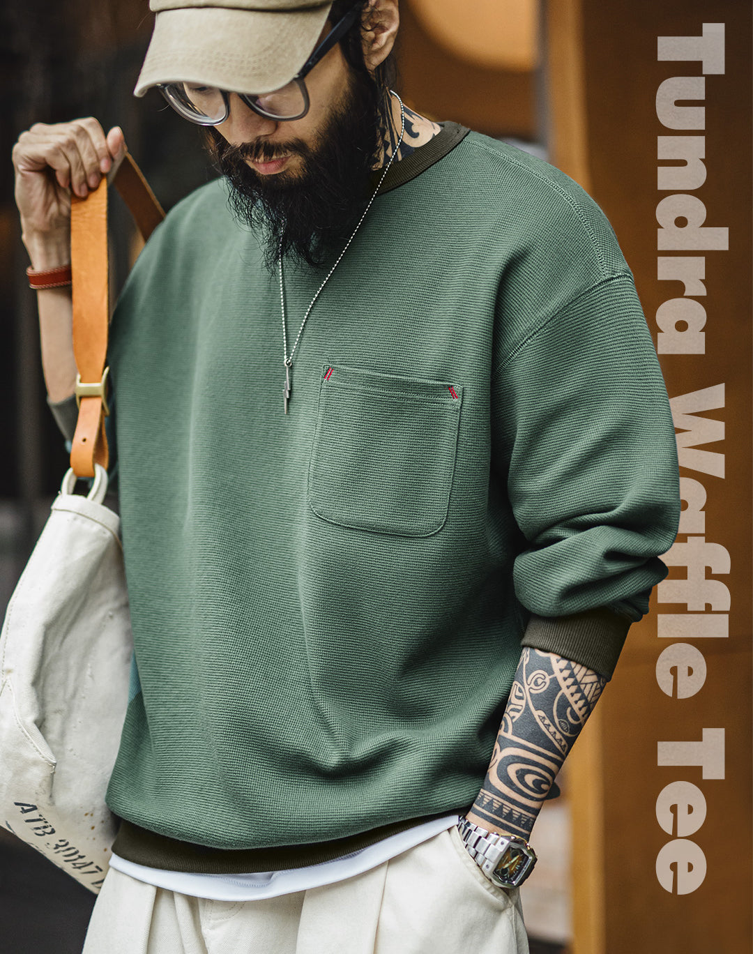 American Waffle Knitted Pocket Round Neck Loose Long-Sleeved Men's Sweater - Harmony Gallery