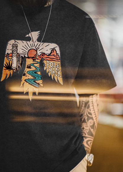 American Retro Thunderbird Cotton Heavy Ethnic Embroidery Print Men's T-Shirt - Harmony Gallery