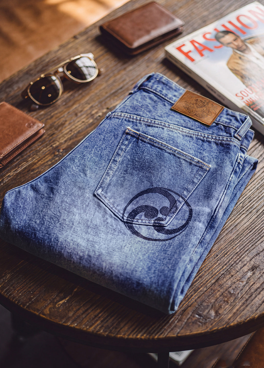 American Washed Denim Blue Cathair Heavyweight Straight-Leg Men's Jeans - Harmony Gallery