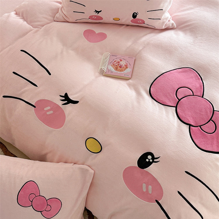 Children's Hello Kitty Little Milk Fleece Cartoon Winter Four-Piece Bed Set - Harmony Gallery