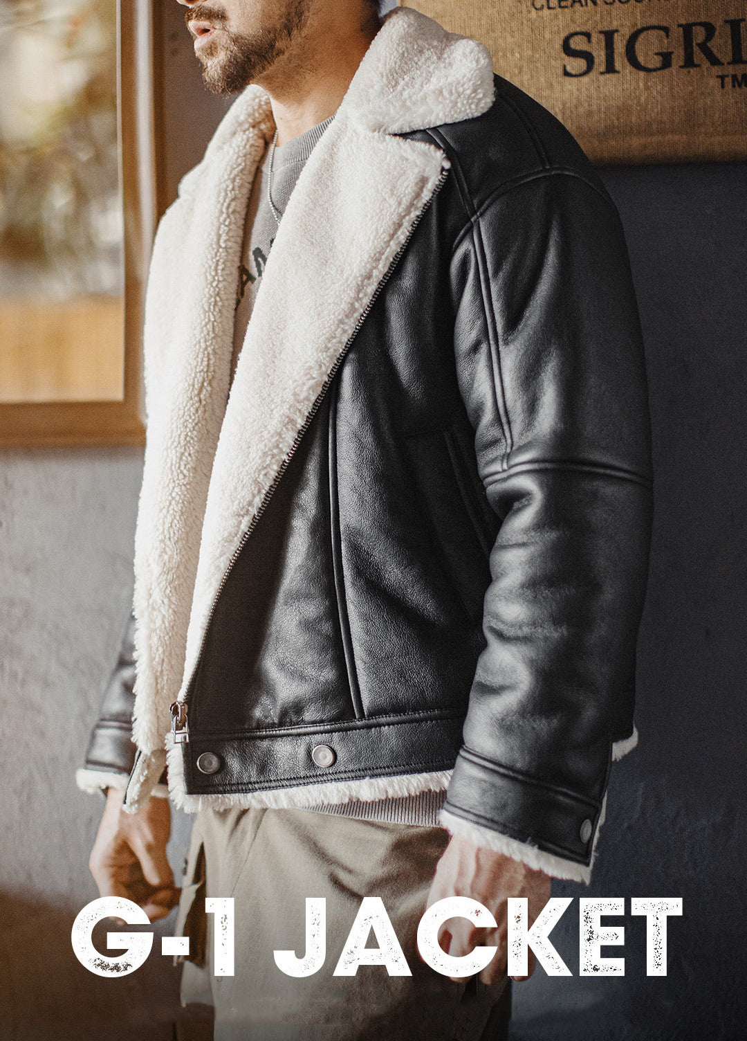 American G1 Flight Bomber Faux Textured Lambswool Lychee Leather Men's Jacket - Harmony Gallery