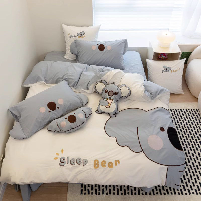Cute Little Koala Cartoon Washed Four-Piece Pure Cotton Bed Set - Harmony Gallery
