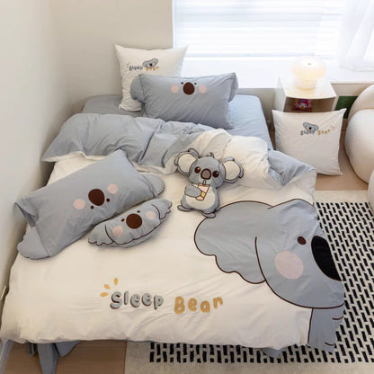 Cute Little Koala Cartoon Washed Four-Piece Pure Cotton Bed Set - Harmony Gallery