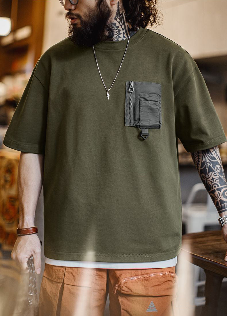 American Retro Army Green Pocket Mountain Knitted Heavy Men's T-Shirt - Harmony Gallery