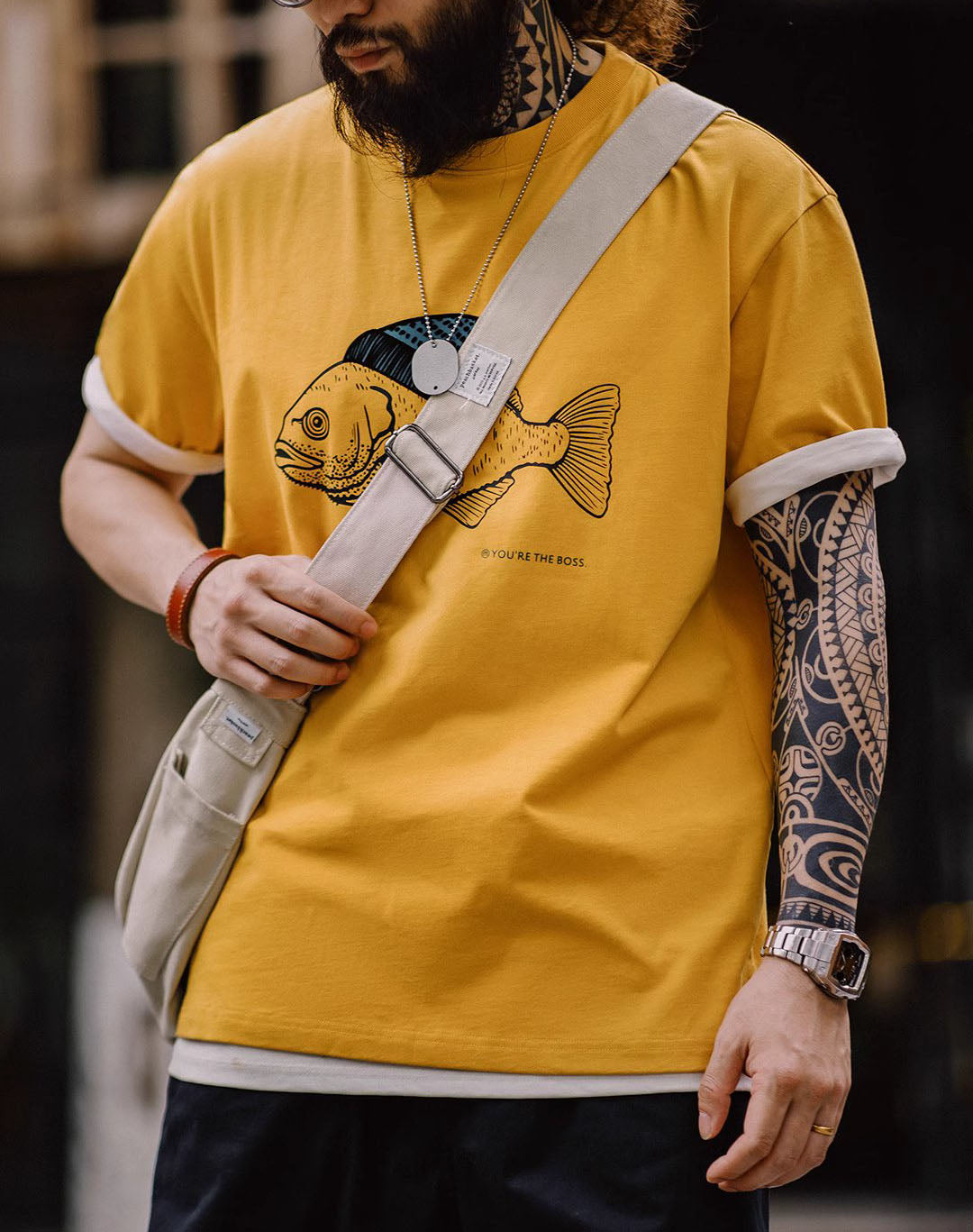 American Retro Deep Sea Fish Flocking Print Animal Men's T-Shirt - Harmony Gallery