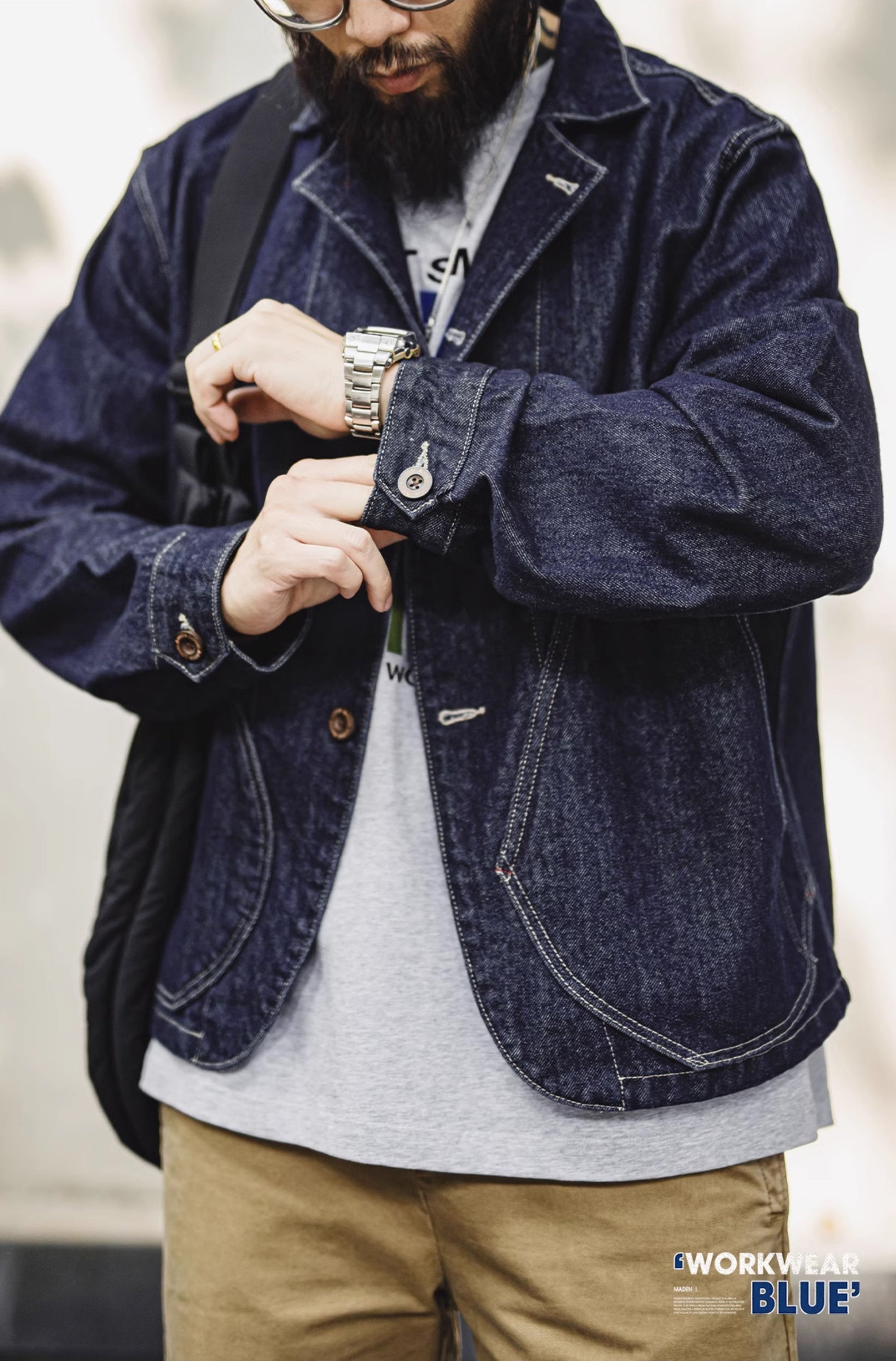 French Workwear Retro Washed Denim Blue Cuban Men's Jacket - Harmony Gallery