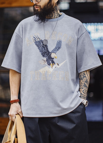 American Retro Print Distressed Batik Blue Drop Shoulder Men's T-Shirt