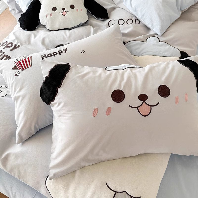 Cartoon Foodie Dog With Long Ears Washed Cotton Four-Piece Bed Set - Harmony Gallery