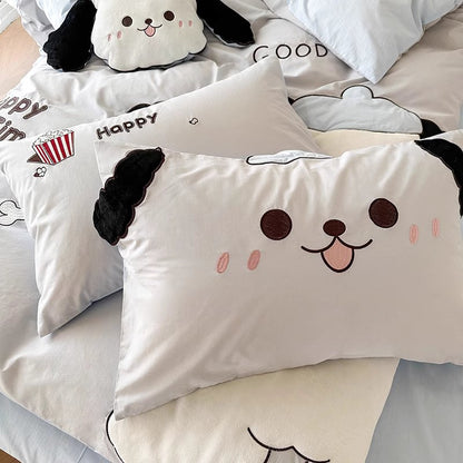 Cartoon Foodie Dog With Long Ears Washed Cotton Four-Piece Bed Set - Harmony Gallery