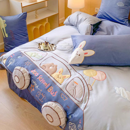 Cartoon Happy Bus Zoo School Four-Piece Pure Cotton Bed Set - Harmony Gallery