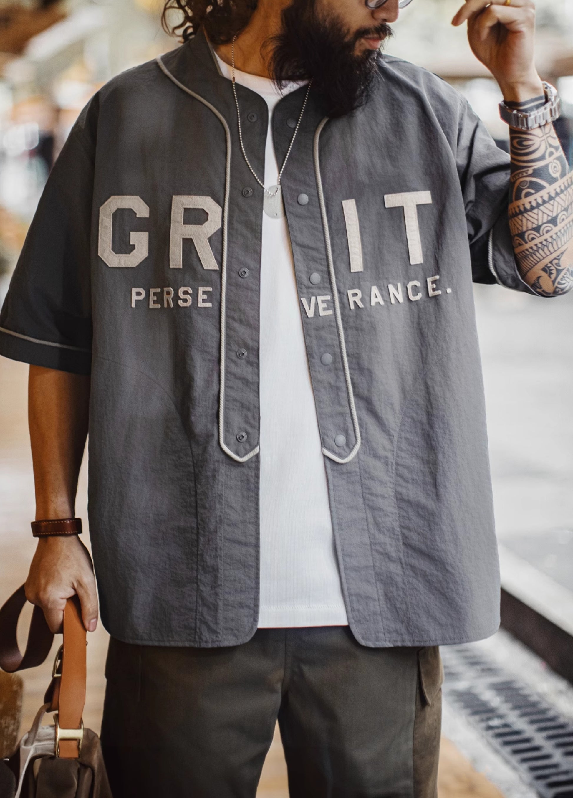 American Casual GRIT Baseball Uniform Patch Embroidered Gray Thin Men's Shirt - Harmony Gallery