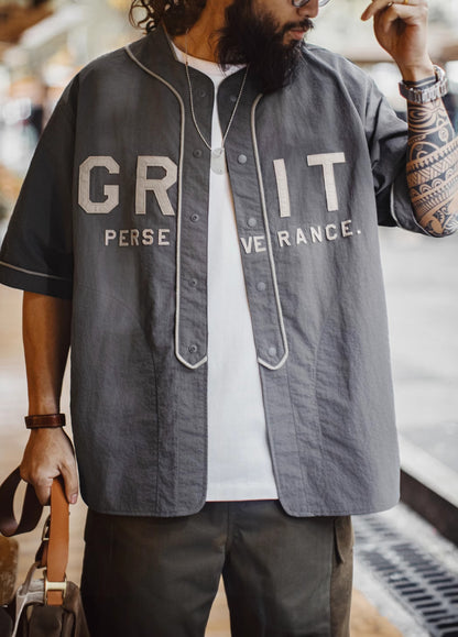 American Casual GRIT Baseball Uniform Patch Embroidered Gray Thin Men's Shirt - Harmony Gallery