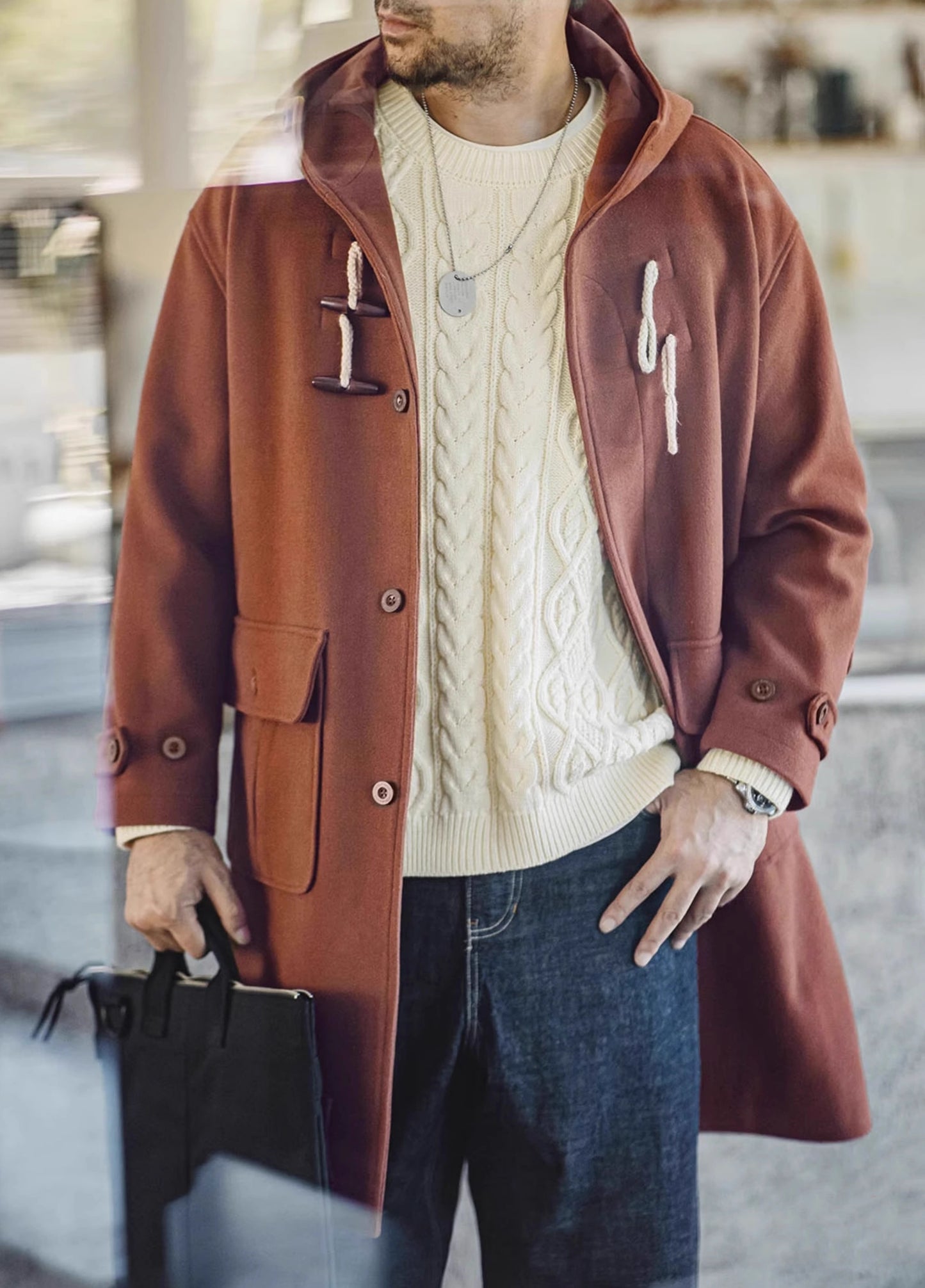 American Retro Horn Button Woolen College Long Coat Men's Jacket - Harmony Gallery