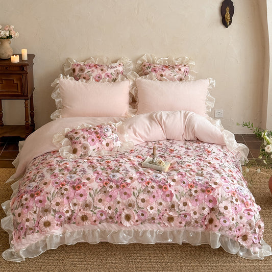 French Ruffled Winter Thickened Coral Fleece Warm Four-Piece  Bed Set - Harmony Gallery