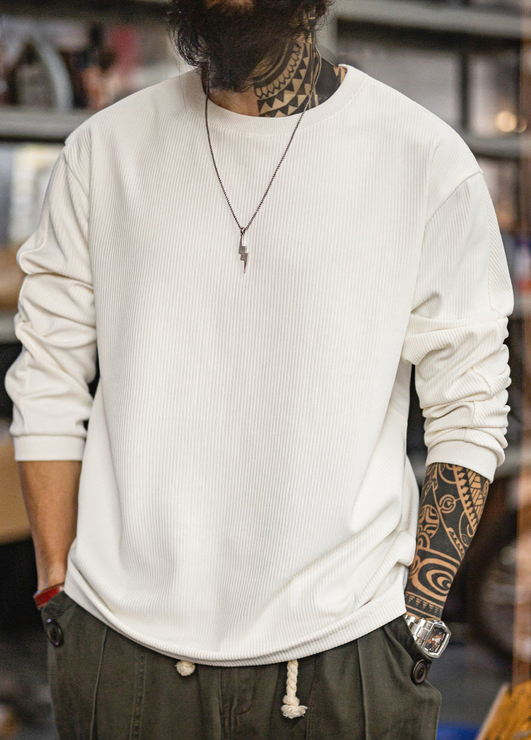 American Style 3D Groove Strip Base Layer Thin Knit Hoodless Men's Sweater