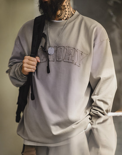 American Retro Letter Patch Gradient Color Washed Men's Sweater - Harmony Gallery