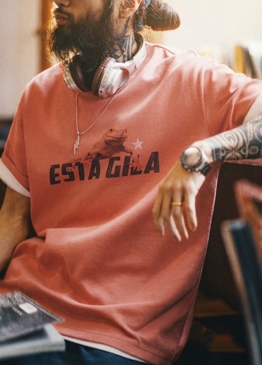American Retro Print Drop Shoulder Sunset Sunset Orange-Red Men's T-Shirt