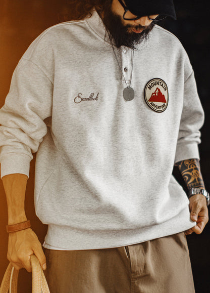 American Henley Collar Fleece-Lined Knitted Patch Embroidered Men's Sweater - Harmony Gallery