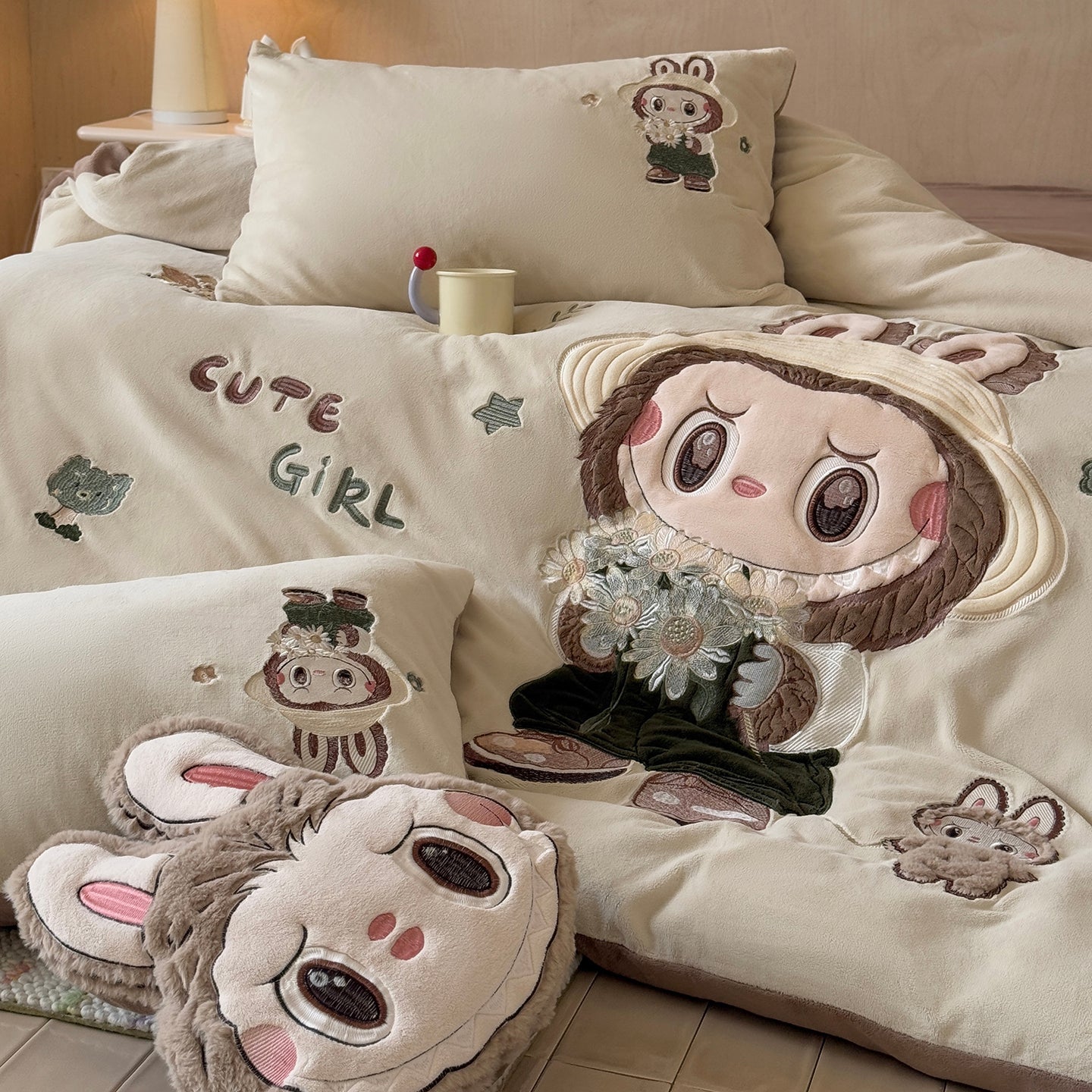 Labubu Monster Cartoon Coral Fleece Warm Double-Sided Thick Four-Piece Bed Set - Harmony Gallery