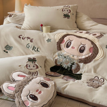 Labubu Monster Cartoon Coral Fleece Warm Double-Sided Thick Four-Piece Bed Set - Harmony Gallery