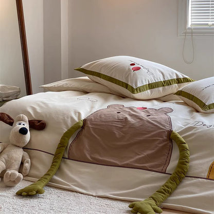 Cartoon Apple Hugging Bear Thickened Brushed Four-Piece Bed Set - Harmony Gallery