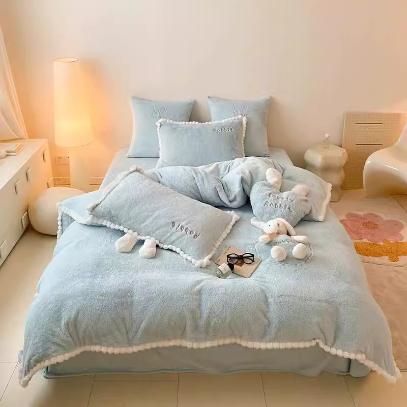Cute Cartoon Rabbit Velvet Warm Double-Sided Four-Piece Bed Set - Harmony Gallery