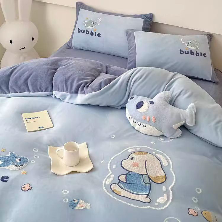 Cute Cartoon Bubble Shark Washed Four-Piece Pure Cotton Bed Set - Harmony Gallery