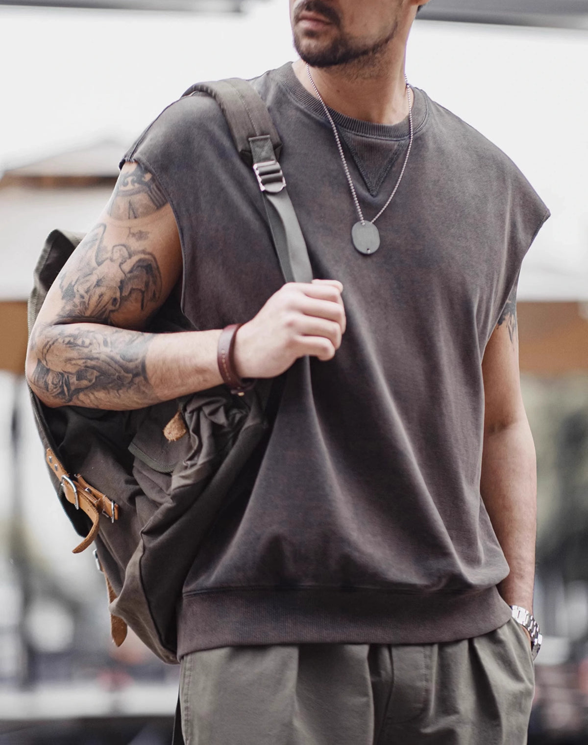 American Wasteland Style Old Wide Shoulder Vest Ribbed Men's T-Shirt - Harmony Gallery