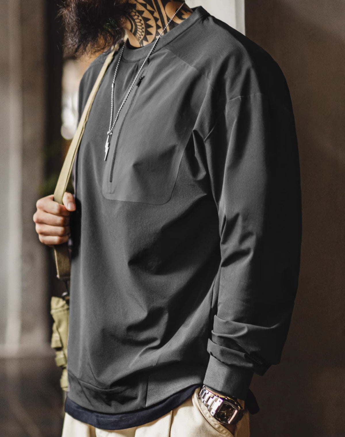 American Retro Functional Sports Chest Pocket Woven Drop Shoulder Men's Sweater - Harmony Gallery