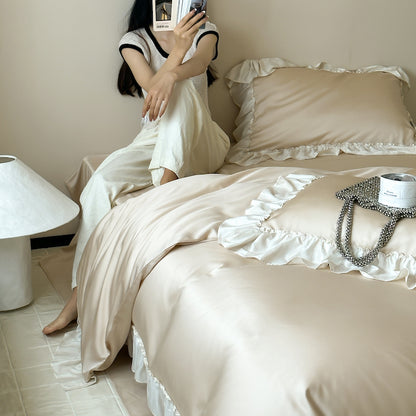 French Lotus Leaf Lace Four-Piece Ice Silky Nude Sleeping Bed Set - Harmony Gallery
