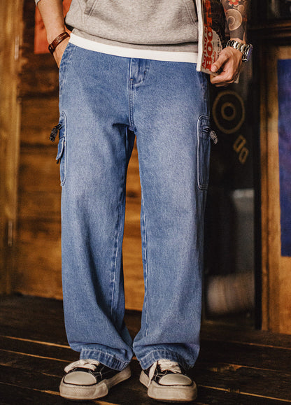 American Washed Denim Loose Straight Leg Pockets Drape Men's Jeans