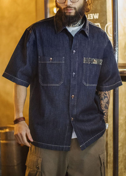 American Retro Boro Denim Resurgence Blue Dye Lapel Men's Shirt - Harmony Gallery