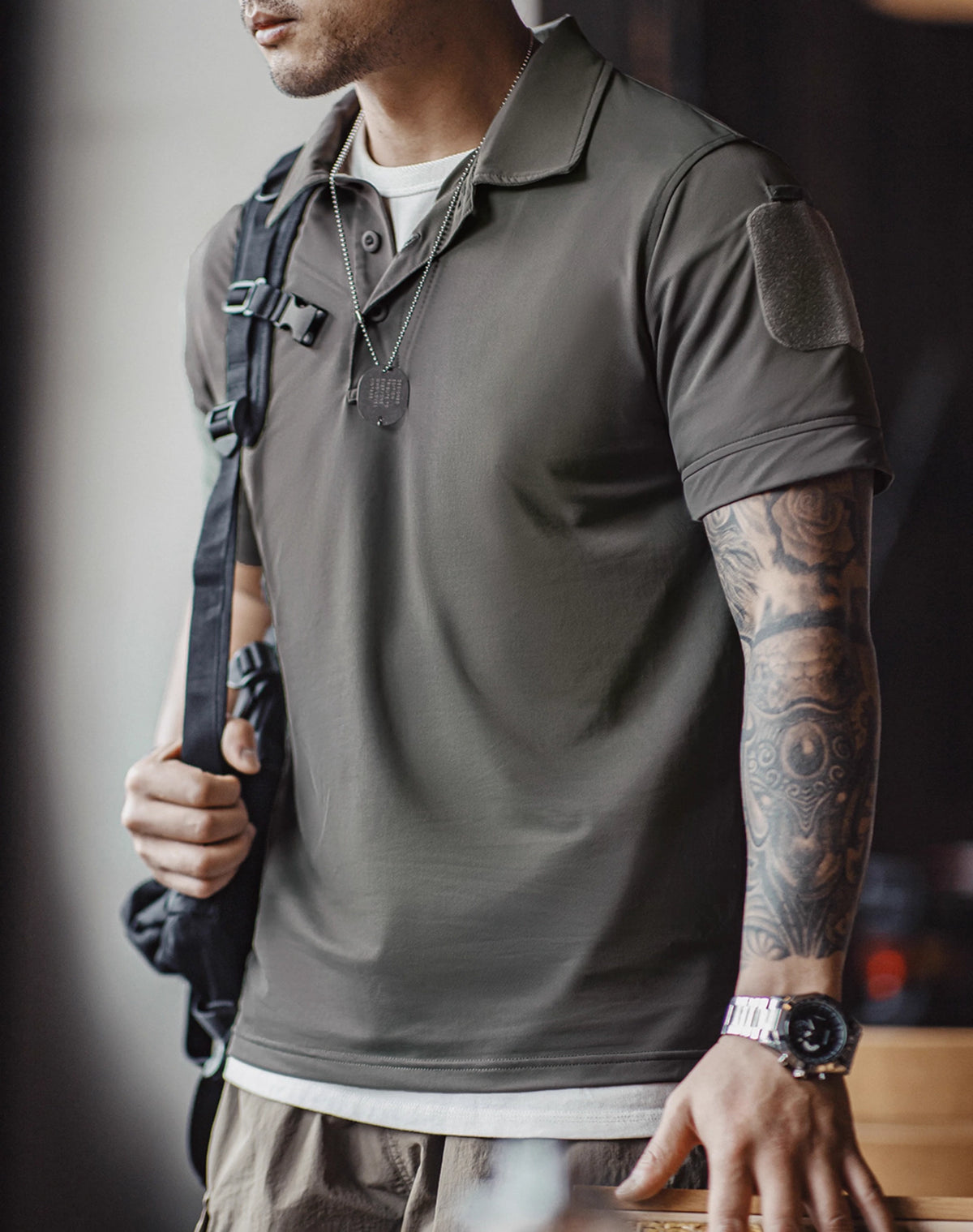 American Retro Half-Open Knitted Polo Military Velcro Men's T-Shirt - Harmony Gallery