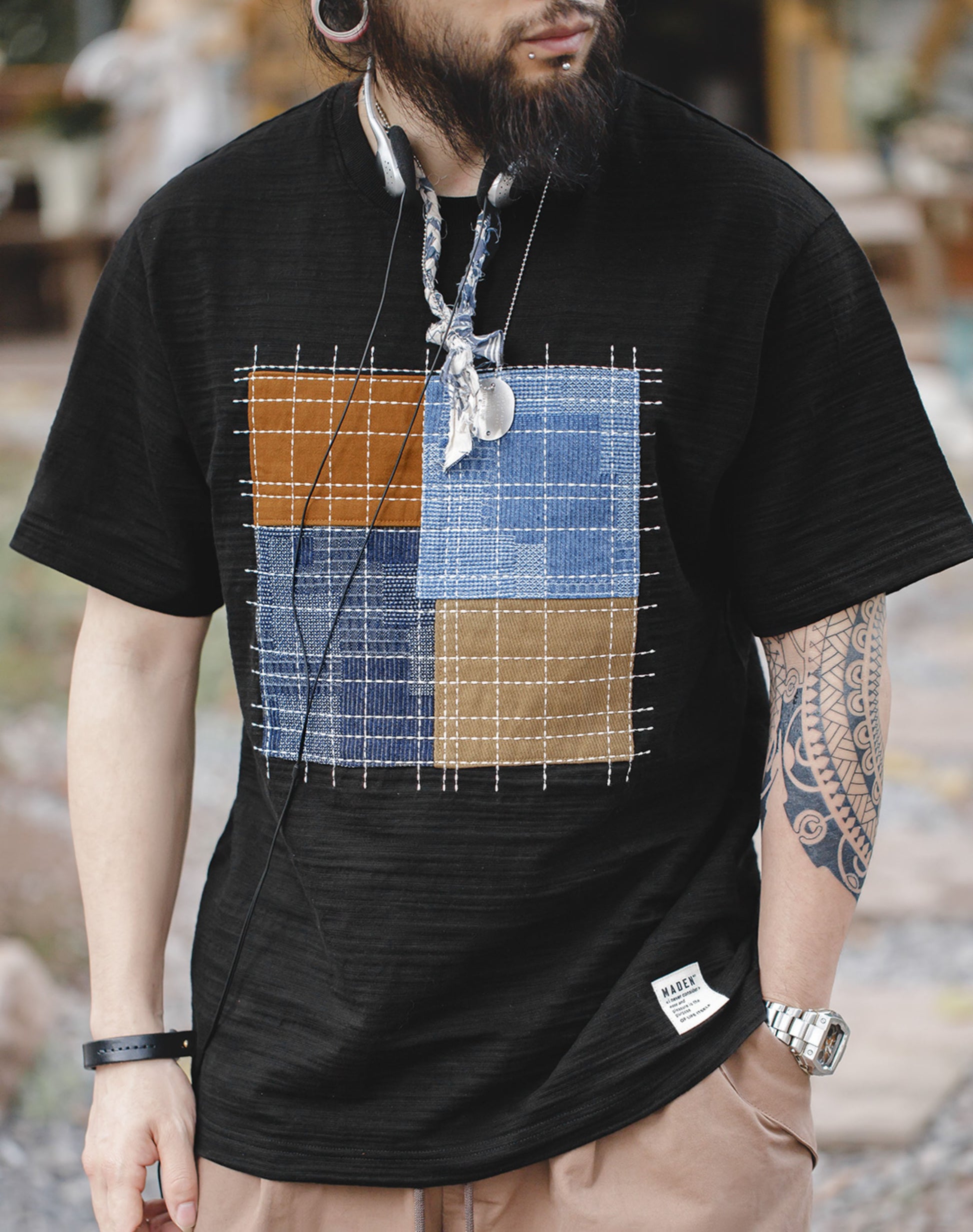 Retro Patchwork Bamboo Color Contrast Cotton Men's T-Shirt - Harmony Gallery