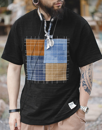 Retro Patchwork Bamboo Color Contrast Cotton Men's T-Shirt - Harmony Gallery