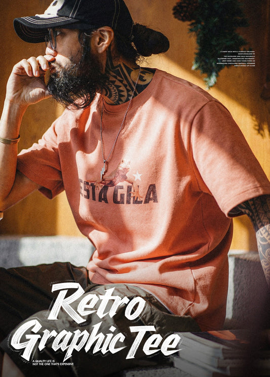 American Retro Print Drop Shoulder Sunset Sunset Orange-Red Men's T-Shirt